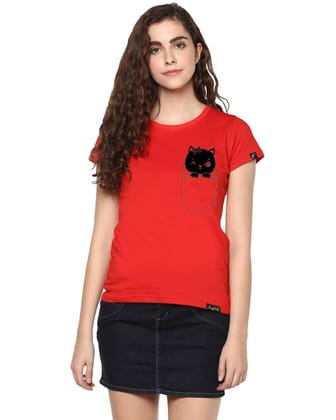 Womens Half Sleeve Cat Printed Red Color Tshirts-Red / Medium / 100% Bio Wash Cotton