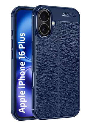 Vegan Leather Rugged Flexible TPU Series Shockproof Armor Back Cover for Apple iPhone 16 Plus, 6.7 inch, Blue