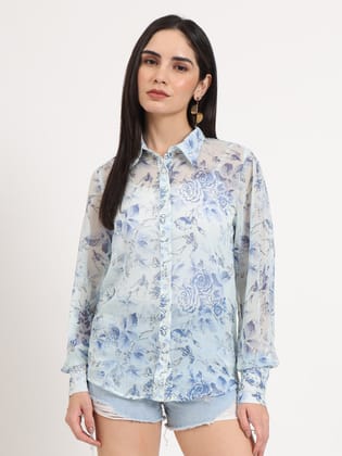 Women'S Premium Chiffon Blue And White Regular Length Straight Hem Digital Print Shirt-M