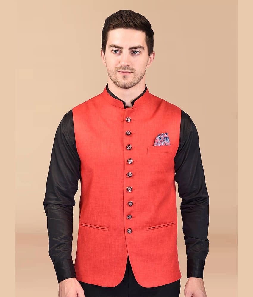 PRINTCULTR Red Cotton Blend Men's Nehru Jacket ( Pack of 1 )
