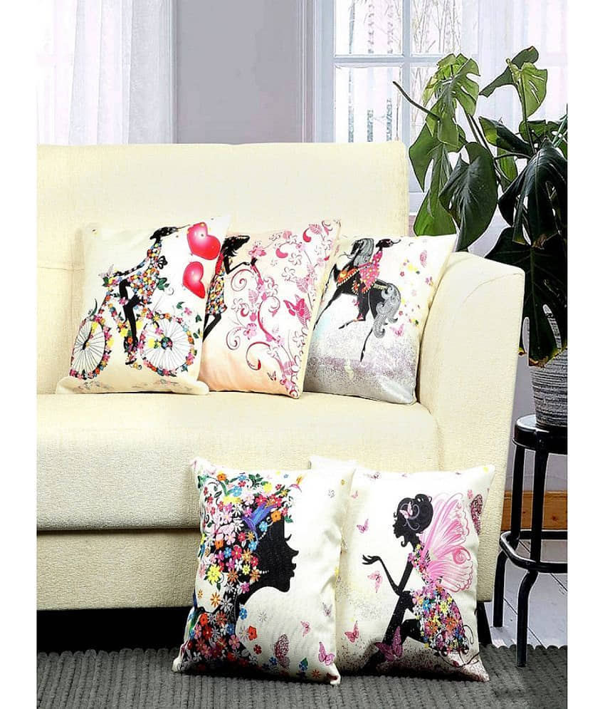 BELLA TRUE Set of 5 Polyester Abstract Square Cushion Cover (40X40)cm - Multicolor