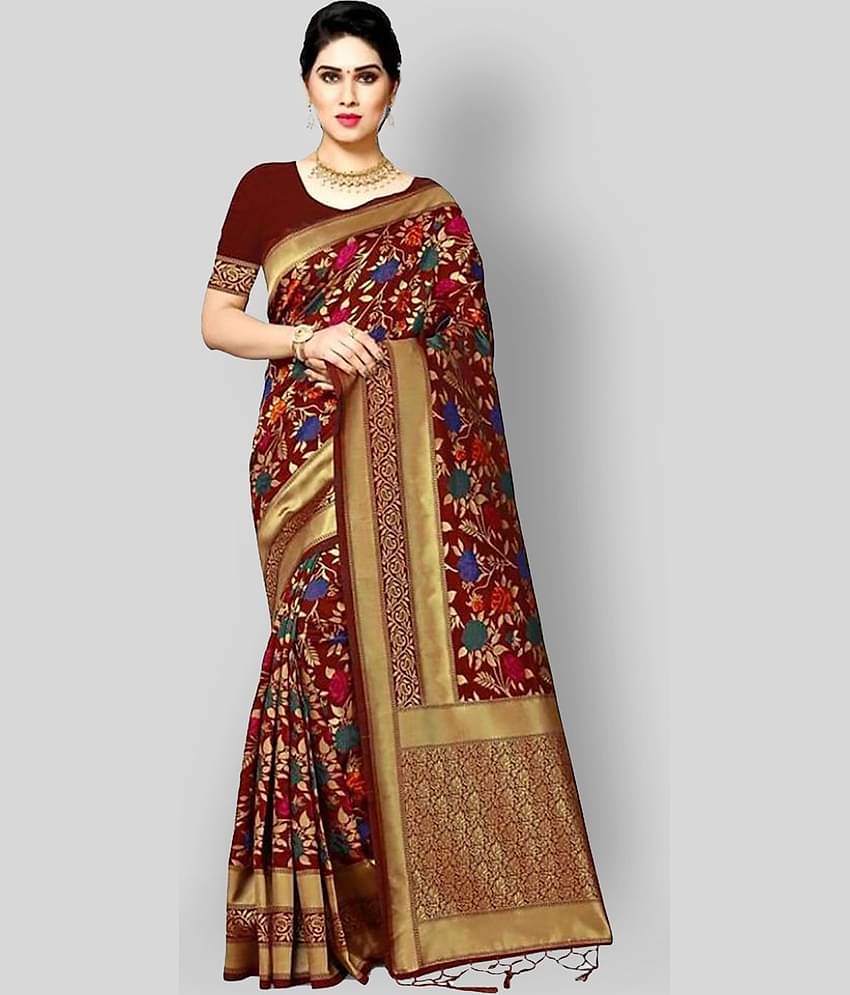 NENCY FASHION Banarasi Silk Printed Saree With Unstitched Blouse Piece ( Multicolor )