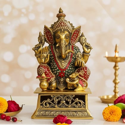 Aluminium Ganesh Idol with Chowki � Premium Home Decor, Height : Height : 18 Inch (ASMAS491 G)
