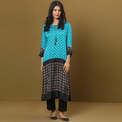 Color Block ajrakh and bandhani kurta set-XS