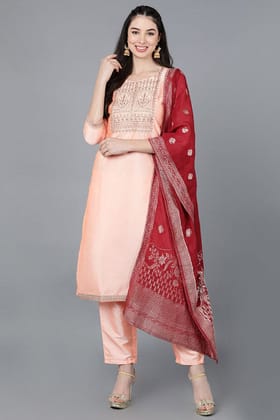 Peach Poly Silk A-Line Kurta Pant With Dupatta PKSKD1475