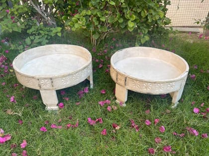 Wood White Wash Chakki Coffee Table | Old Antique Coffee Table for Home Decor