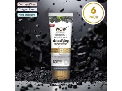 WOW Charcoal + Glycolic Acid Detoxifying Face Wash | Oil Control + Gentle Exfoliation with Tea Tree & Aloe  100 ml - Pack of 6