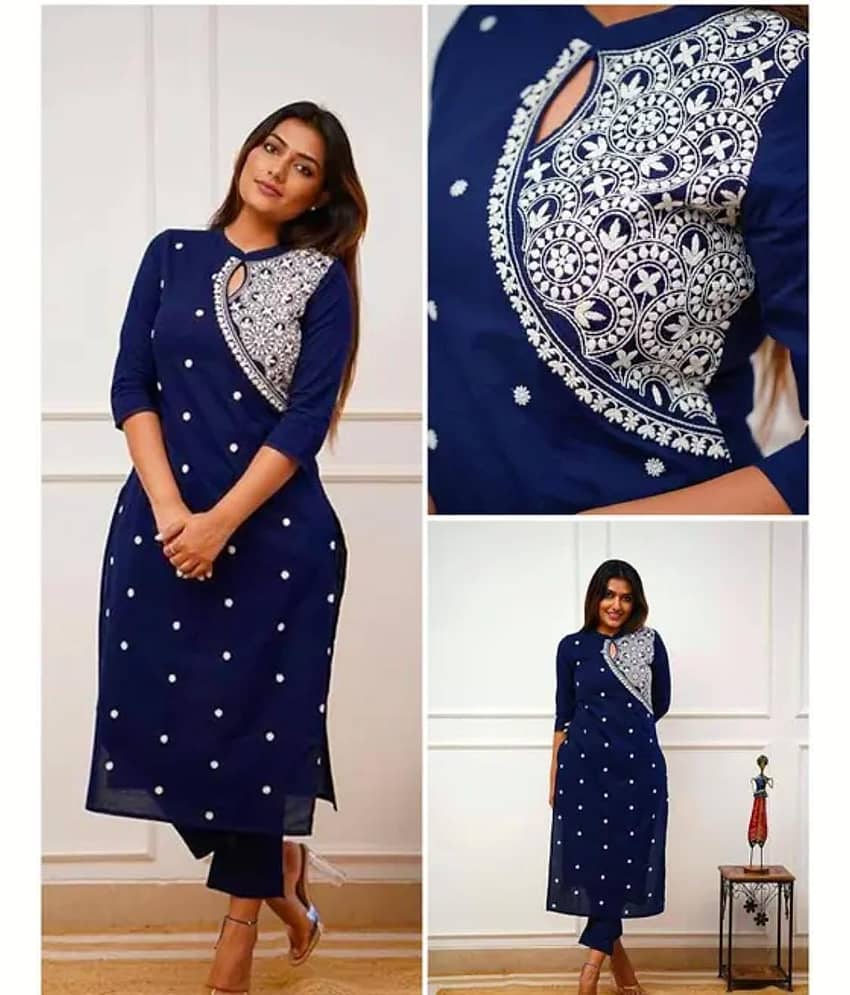 SHREE JEE FABRICS Pack of 1 Rayon Embroidered Straight Women's Kurti - ( BLUE )