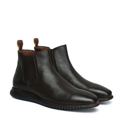 Dark Brown Grain Textured Leather Chelsea Boots with Light Weight Sole by Brune & Bareskin-40/6