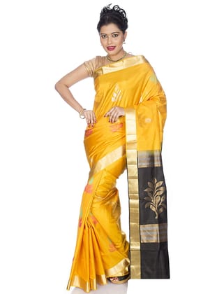 Yellow-Black Kanchipuram Silk Saree with Leaf design and Gold border