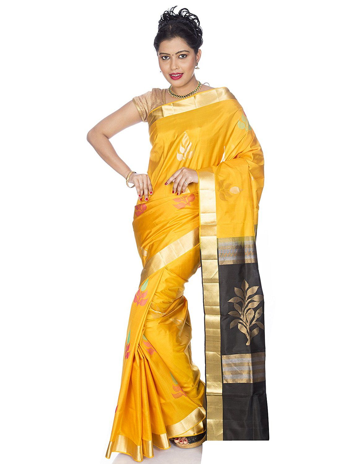 Yellow-Black Kanchipuram Silk Saree with Leaf design and Gold border