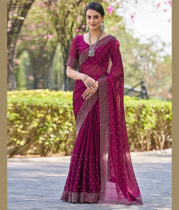 Satrani Georgette Embellished Saree With Unstitched Blouse Piece ( Pink )