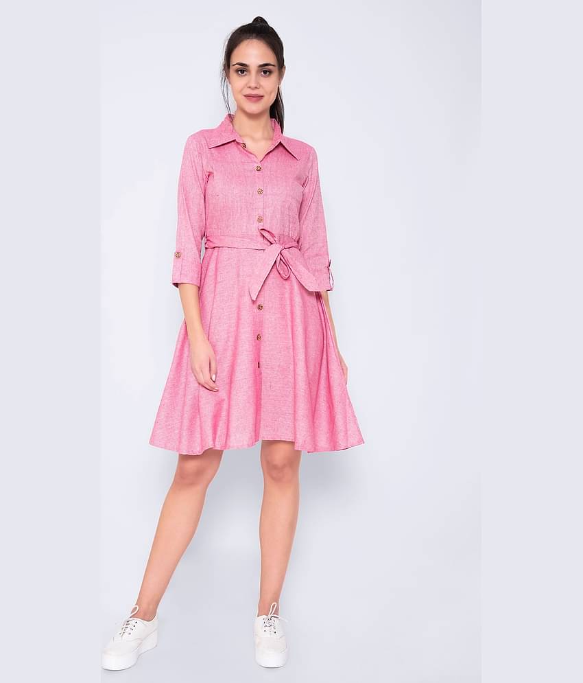 GOD BLESS Women Cotton Self Design Shirt Dress ( Pink )