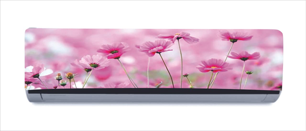 DreamKraft Beautiful Abstract Pink Flowers with Green Leaves AC Sticker (Multicolor PVC Vinyl, 30cm X 91cm)