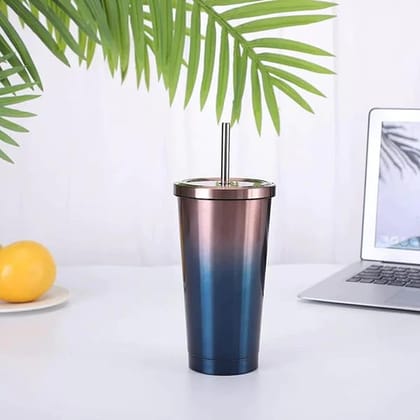 Double Wall Vacuum Insulated Tumbler with Steel Straw and Lid-BLUE & PINK