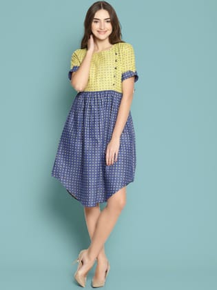 Blue Dobby Shift Dress With Curved Hem-L