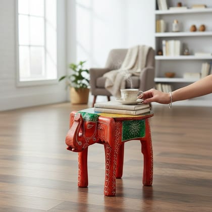 PREET GALLERY Handcrafted Wooden Elephant Stool | Hand-Painted Multicolor Round Seat | Traditional Folk Art Decorative Side Table & Home Decor Accent | Coffee Table