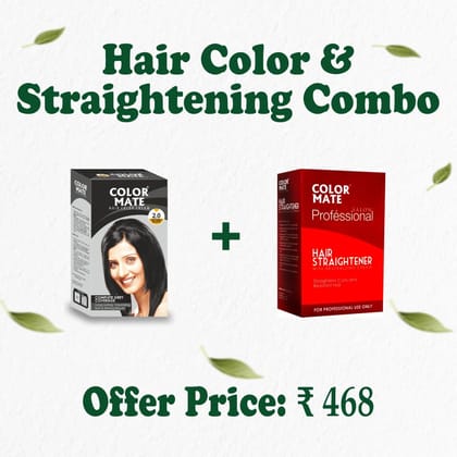 Color Mate Color & Straighten Combo – Natural Black Hair Color Cream (60ml) + Hair Straightener (120ml x 2) | Ammonia-Free | Smooth & Colored Hair at Home
