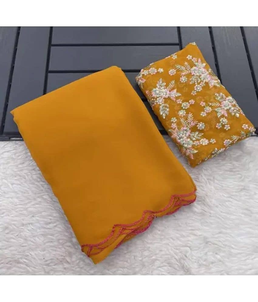 Gullak Georgette Solid Saree With Unstitched Blouse Piece ( Mustard )