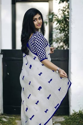 White and Blue Colored Party Wear Embroidered Chanderi Silk Saree