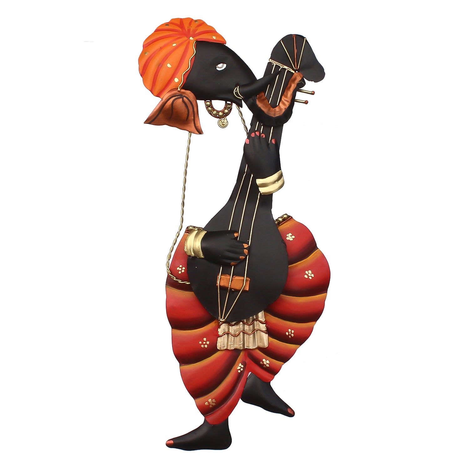 Wrought Iron Orange and Black Lord Ganesha playing Sitar Wall Hanging/art