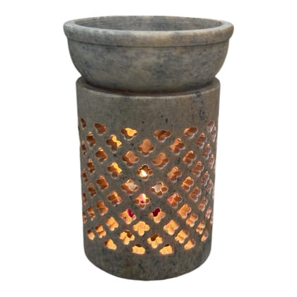 Elynn Apothecary Hand-Carved Marble Diffuser (Grey Veined) | Natural Stone Aromatherapy Oil Burner with Lattice Cut-Out | Home Decor & Spa
