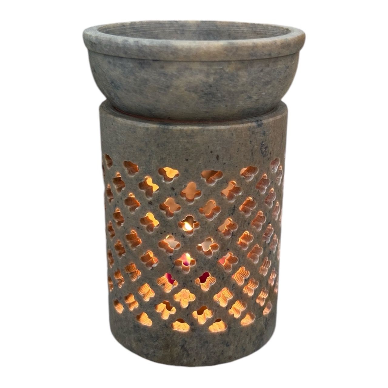 Elynn Apothecary Hand-Carved Marble Diffuser (Grey Veined) | Natural Stone Aromatherapy Oil Burner with Lattice Cut-Out | Home Decor & Spa
