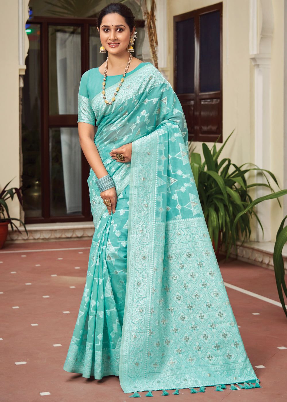 Radiance Blue Woven Lucknowi Linen Silk Saree