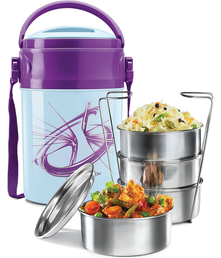 Milton Odyssey Insulated Tiffin, 4 Stainless Steel Containers, 380 ml Each and 1 Papad Box, 200 ml, Blue
