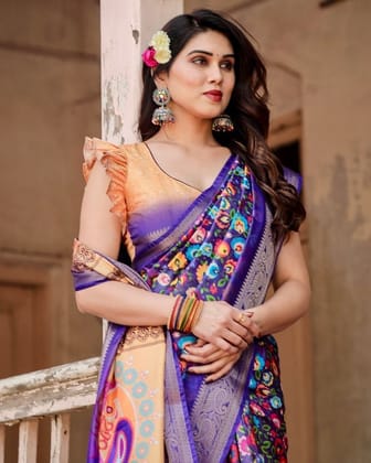 Royal Purple Tussar Silk Saree with Vibrant Floral Print and Peacock Motif Pallu-Regular