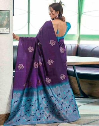 Women's Soft Lichi Silk Printed Saree With Unstitched Blouse 5.5Mtr (Blue)-PID63675