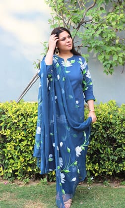 Cotton Oxford Blue Hand Painted Suit with Chiffon Handpainted Dupatta-XXS