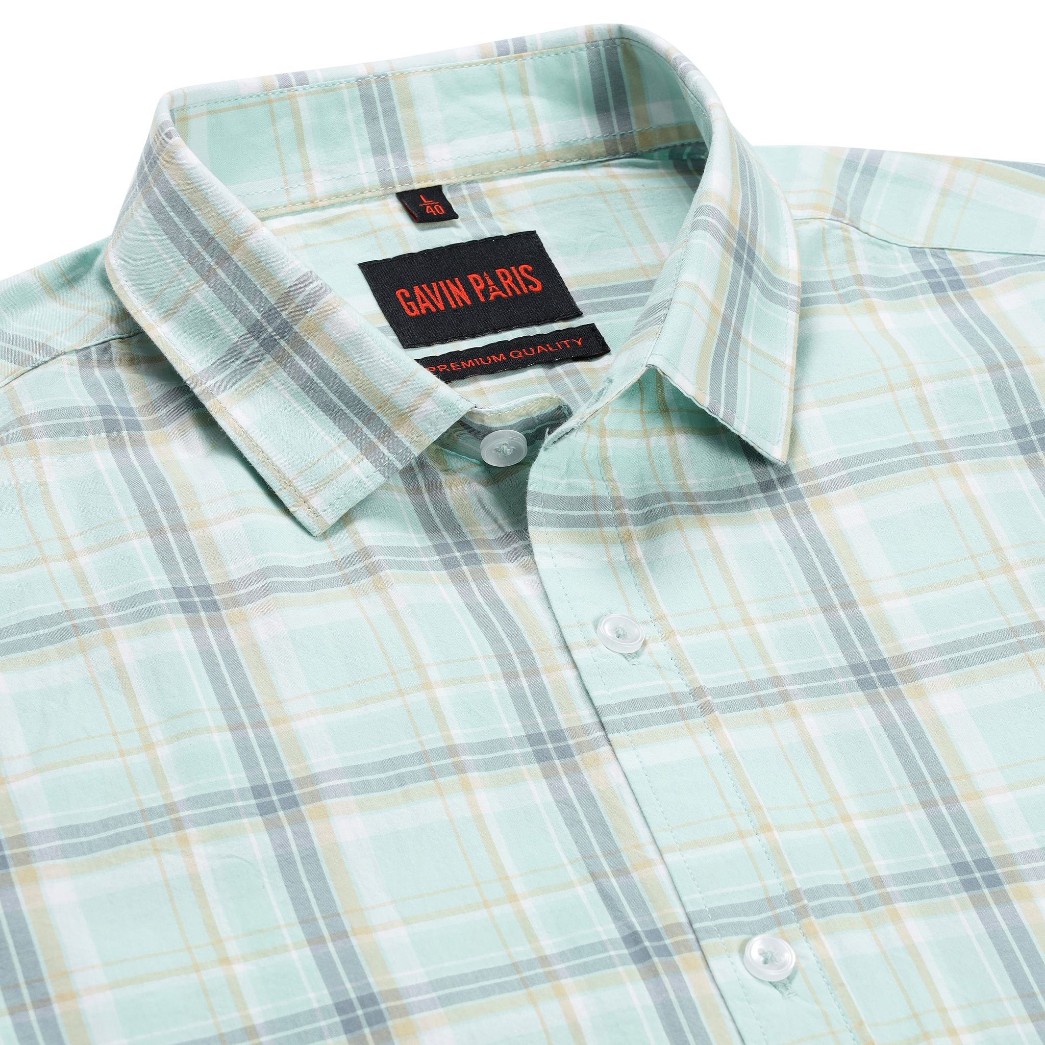 Mint Green and Grey Plaid Slim Fit Full Sleeve Shirt (GP166)-M-38 / Full Sleeve