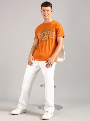 Orange  Printed Regular Fit T-Shirt-S
