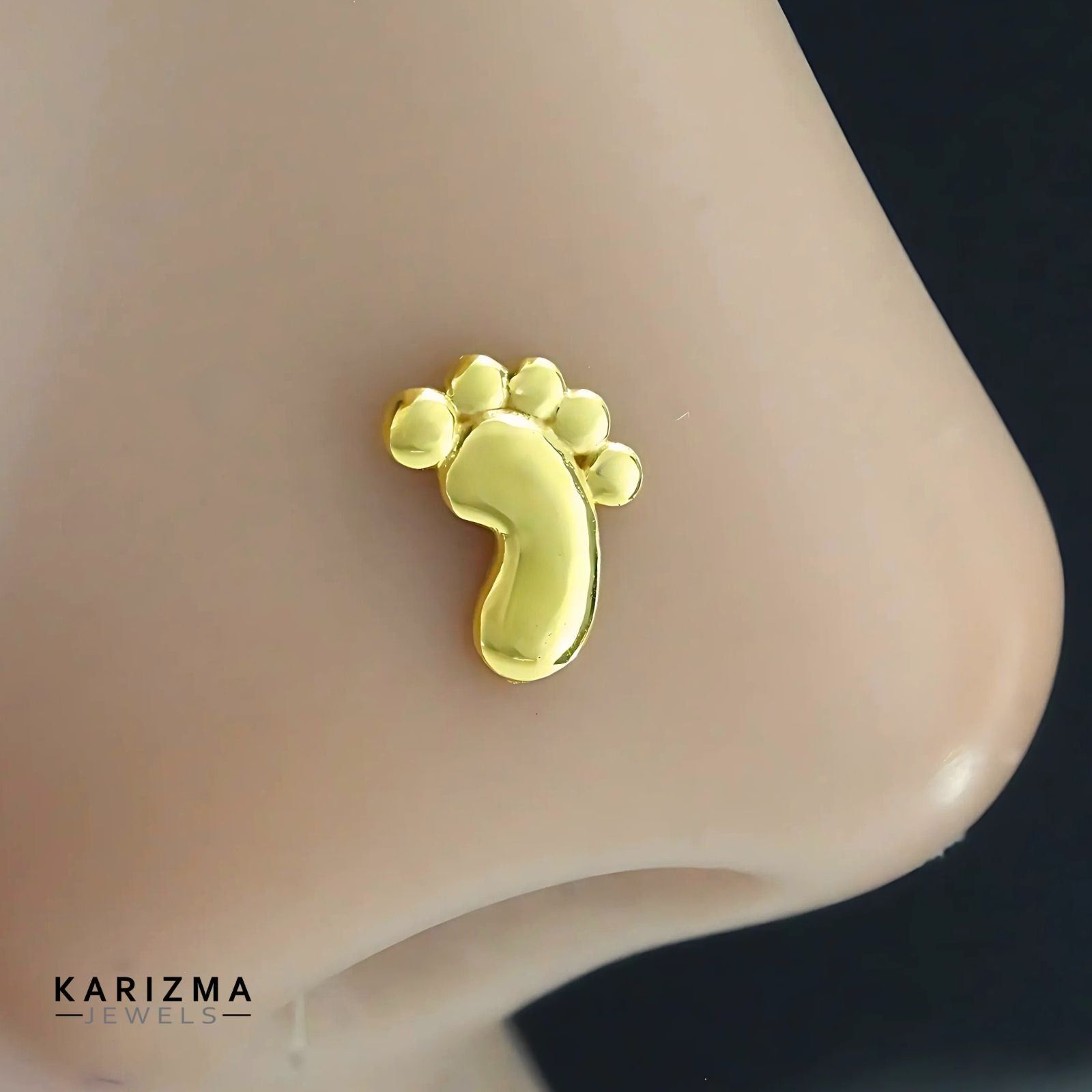 18K Real Solid Gold unique trendy Feet Nose stud cum Earring Gold Screw Back-Nose Stud