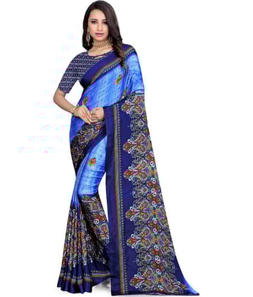LEELAVATI Crepe Printed Saree With Unstitched Blouse Piece ( Blue )