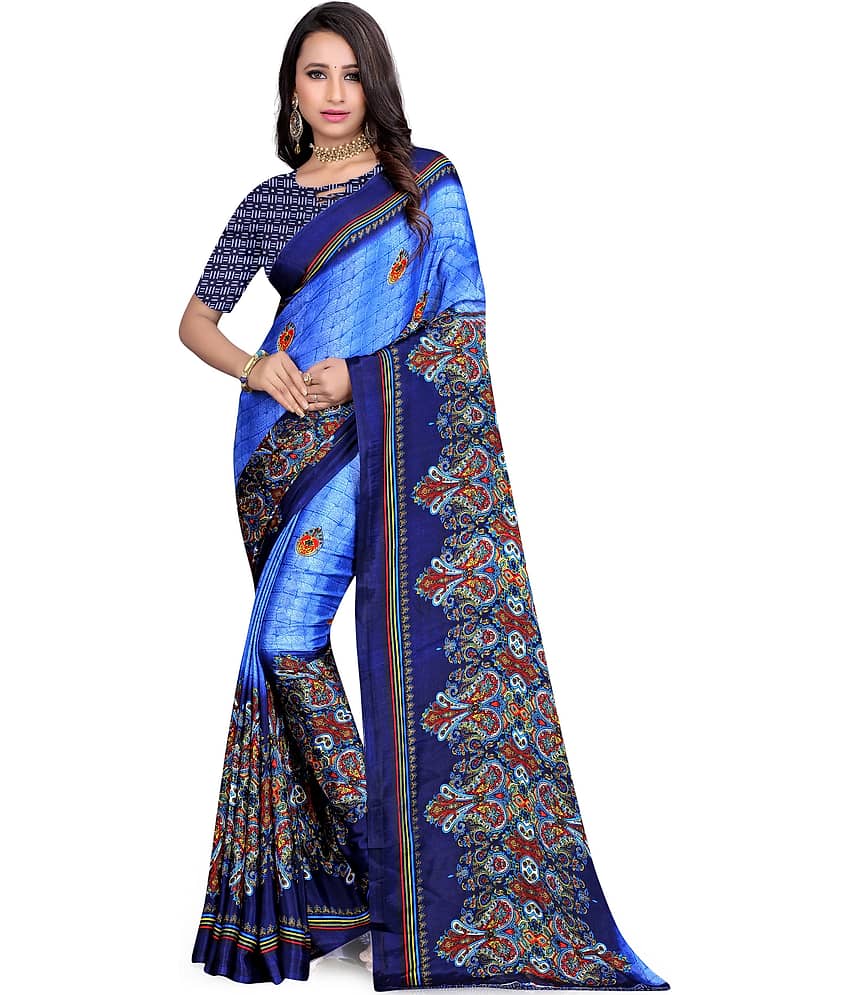 LEELAVATI Crepe Printed Saree With Unstitched Blouse Piece ( Blue )