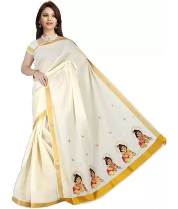 BRINDAVAN CREATIONS Kerela Cotton Saree With Unstitched Blouse Piece ( Beige )