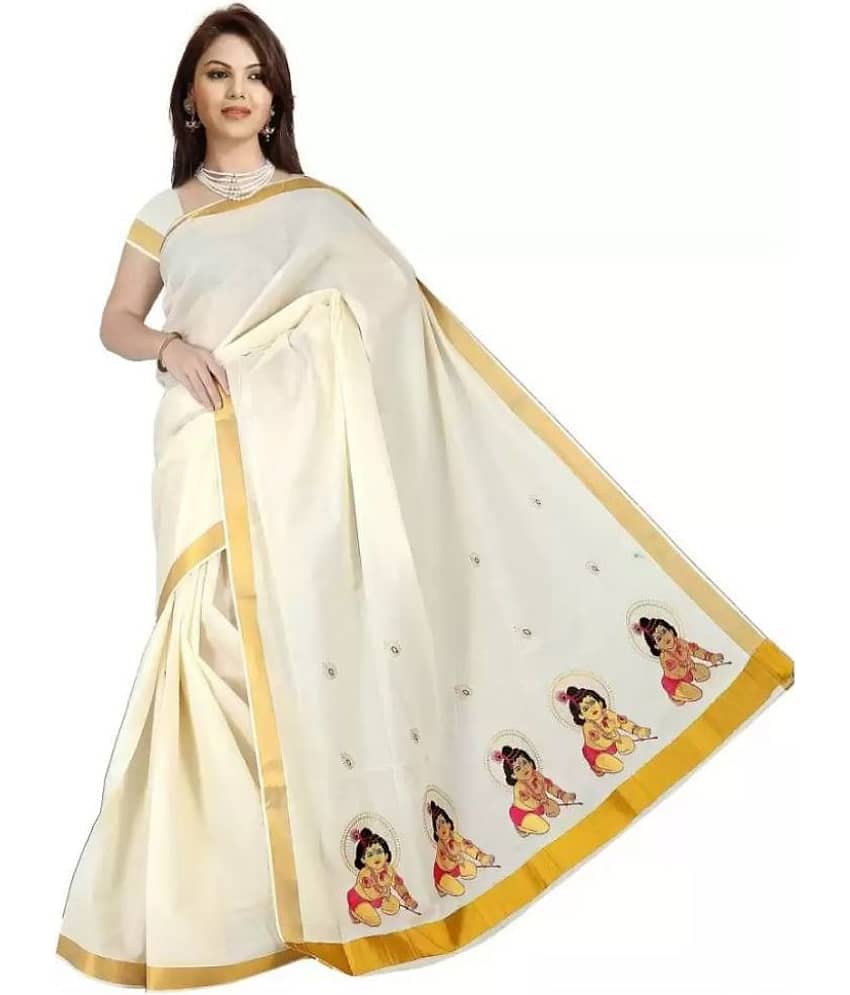BRINDAVAN CREATIONS Kerela Cotton Saree With Unstitched Blouse Piece ( Beige )