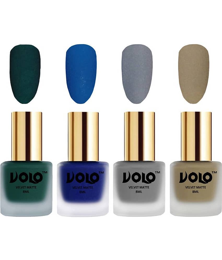 VOLO Velvet Dull Matte Posh Shades Nail Polish Green,Blue,Grey, Nude Matte Pack of 4 32 mL