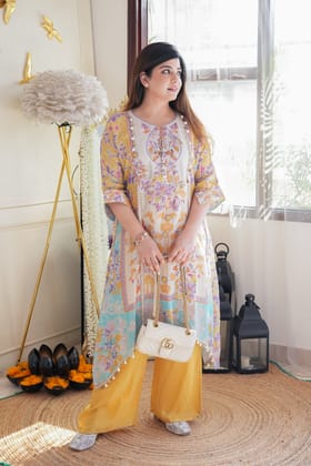 Luxe Printed Plazo Set With Embroidery Detailing-Free Size