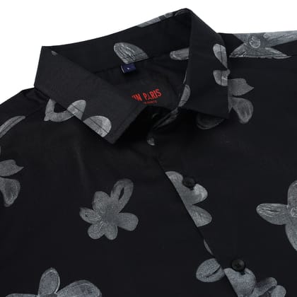 Half Sleeve Slim Fit Shirt - Black with Grey Floral Pattern (GP049)-S-36 / Half Sleeve / Black
