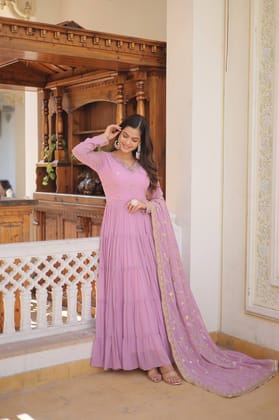 Unique Coloured Faux Georgette with Embroidered work GOWN-WITH-DUPATTA-M