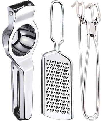 JISUN - Silver Stainless Steel Lemon Squeezer & Cheese Grater & Pakkad ( Set of 3 )