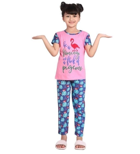 Girl's Cotton Hosiery Printed Night Suit Set (Pink-Blue, 3-4-Yrs)-PID66141