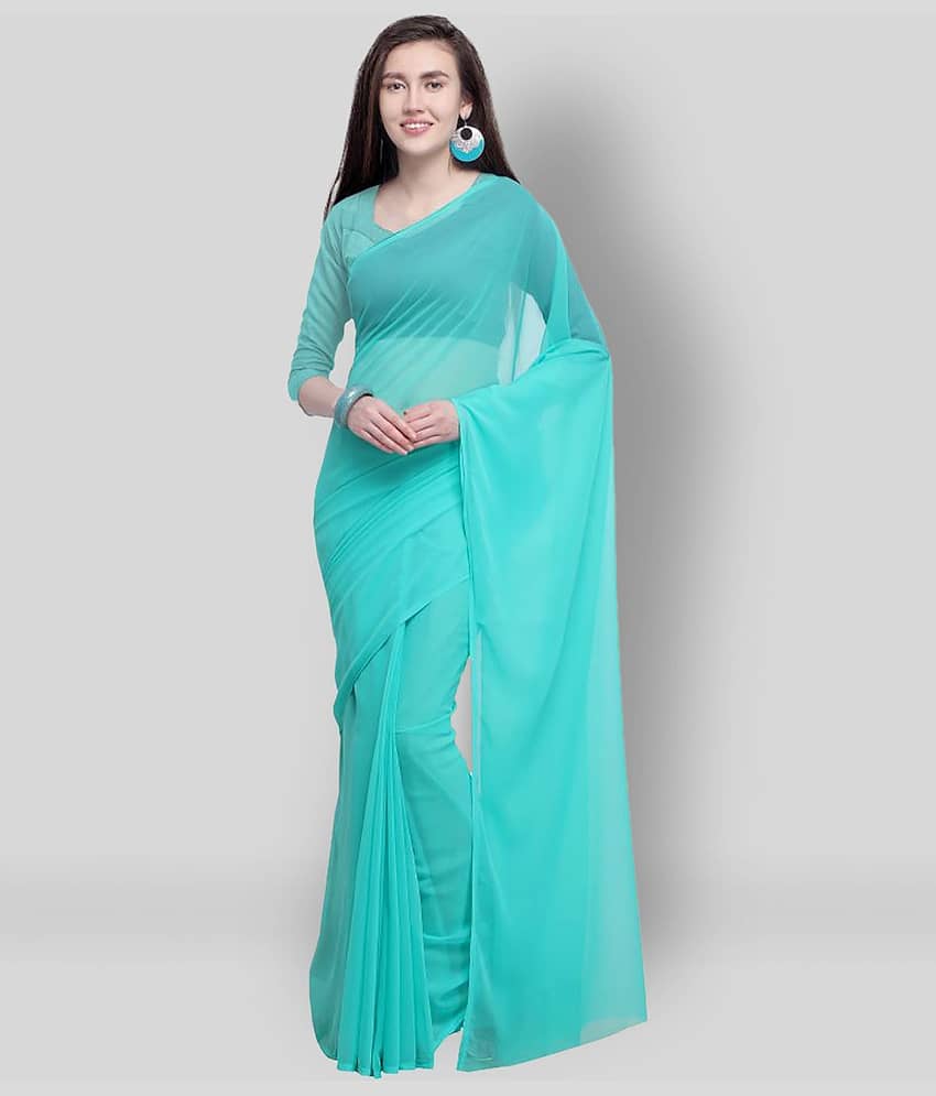 ANAND SAREES Georgette Solid Saree With Unstitched Blouse Piece ( Turquoise )