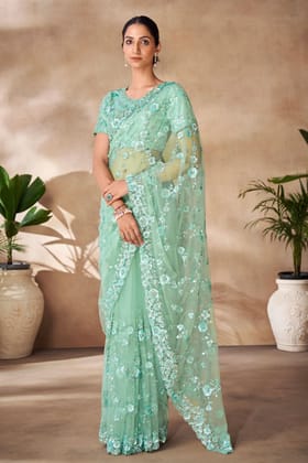 Green Embroidered Net Saree