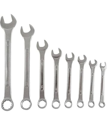 GLOBUS COMBINATION SPANNER SET/8 PCS, RAISED PANEL, MIRROR HEAD POLISH IN BLUE PVC WALLET.