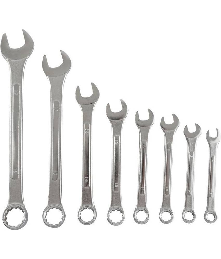 GLOBUS COMBINATION SPANNER SET/8 PCS, RAISED PANEL, MIRROR HEAD POLISH IN BLUE PVC WALLET.