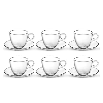 Classic Glass Tea Cup & Saucer Set | Coffee Mug with Handle | Borosilicate Glass Cup for Coffee, Milk, Green and Lemon Tea | 6 Cup and 6 Saucer |